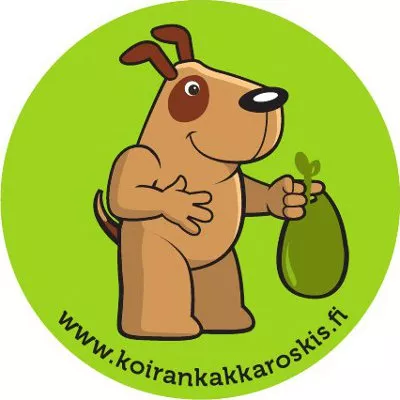 A circular dog poop garbage sticker with a cartoon dog with a garbage bag.